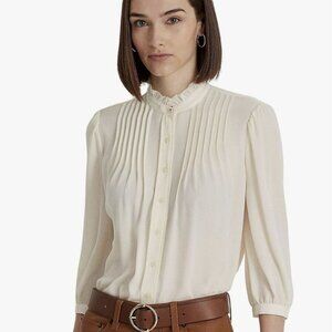 Lauren Ralph Lauren Pleated Georgette Sheer Blouse Cream Quiet Luxury Office NWT